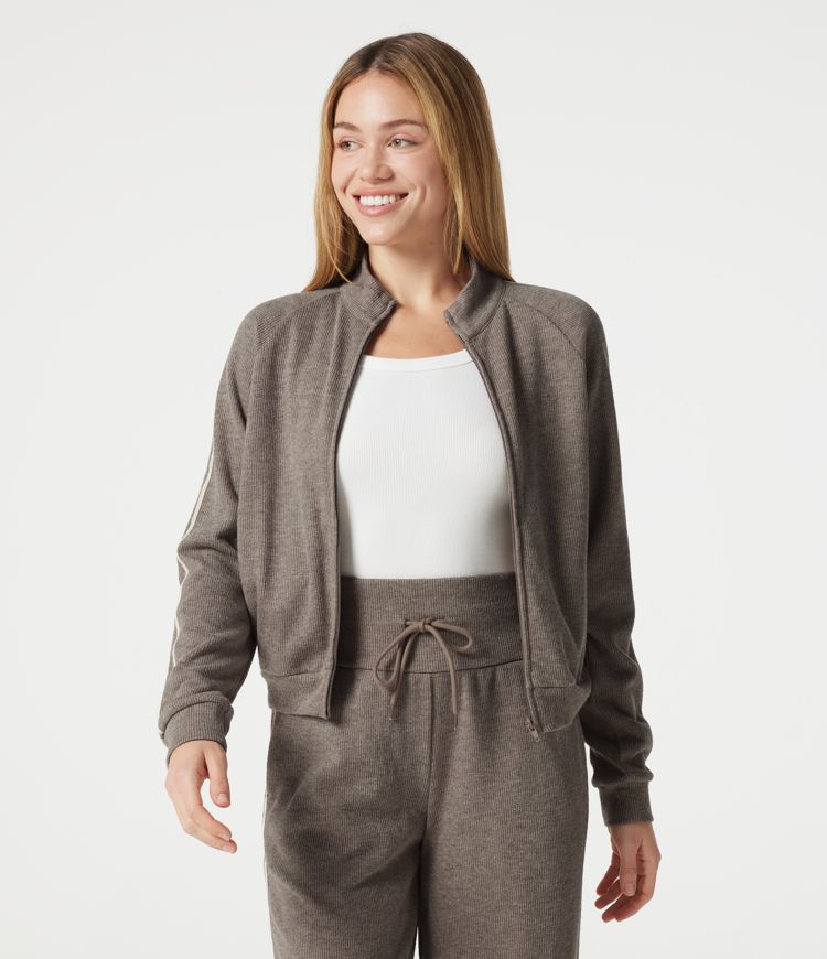 Ribbed Stand Collar Zipper Long Sleeve Color Block Casual Jacket with Pockets Ribbed Stand Collar Zipper Long Sleeve Color Block Casual Jacket with Pockets
