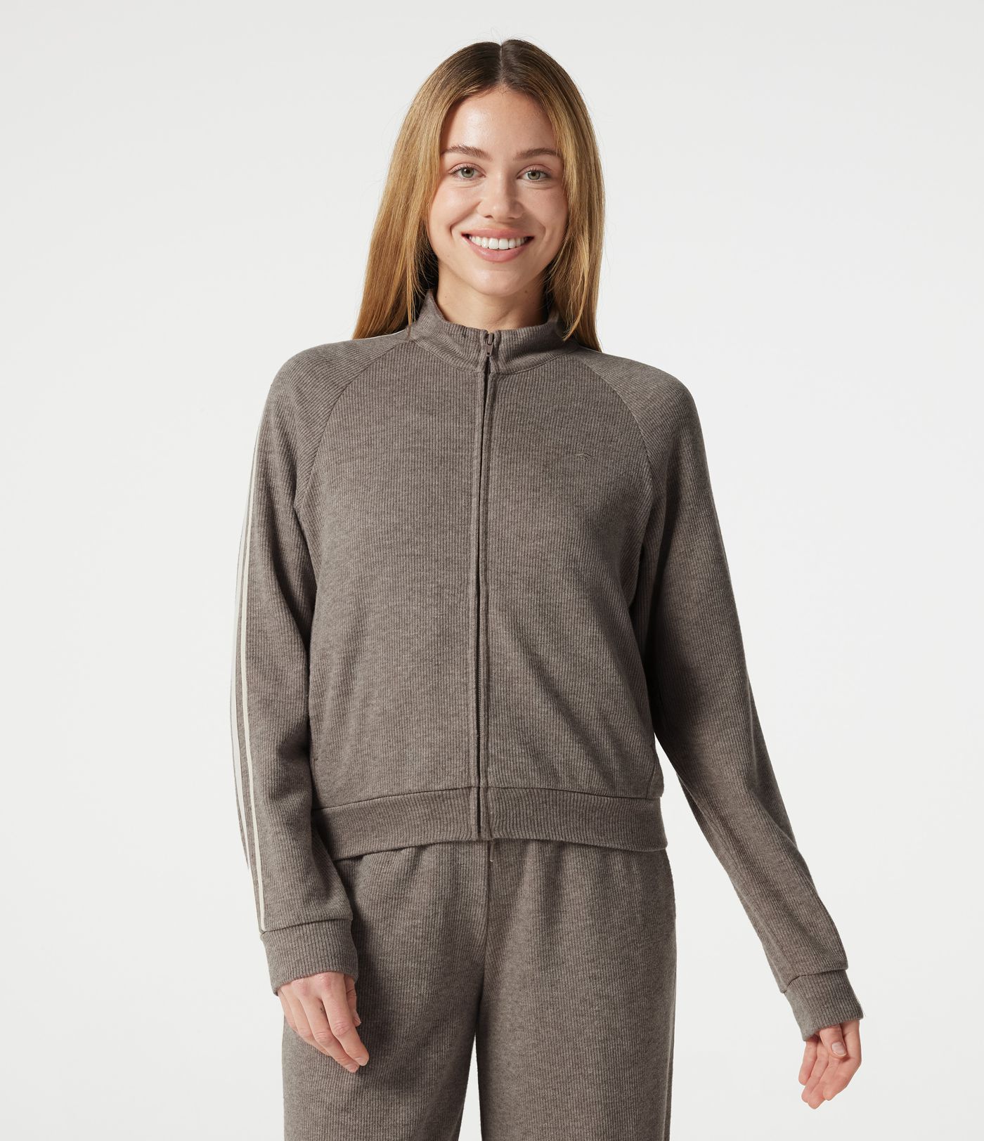 Ribbed Stand Collar Zipper Long Sleeve Color Block Casual Jacket with Pockets Ribbed Stand Collar Zipper Long Sleeve Color Block Casual Jacket with Pockets
