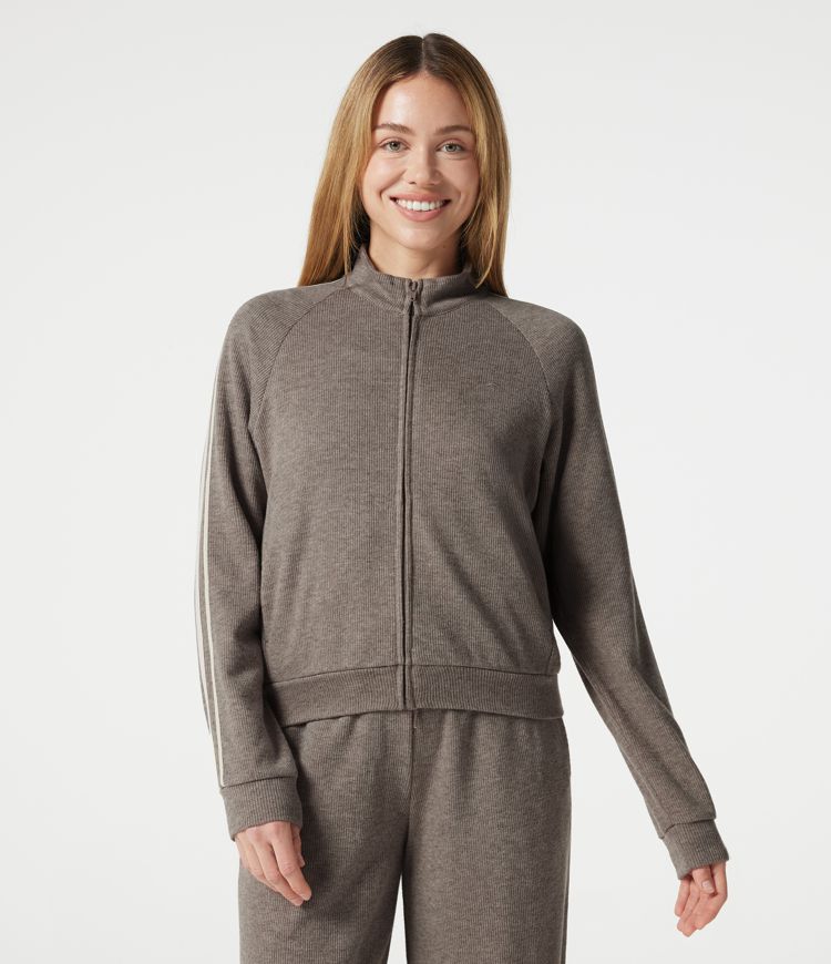 Ribbed Stand Collar Zipper Long Sleeve Color Block Casual Jacket with Pockets Ribbed Stand Collar Zipper Long Sleeve Color Block Casual Jacket with Pockets