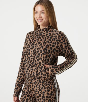 Stand Collar Zipper Long Sleeve Color Block Leopard Print Waffle Casual Jacket with Pockets Stand Collar Zipper Long Sleeve Color Block Leopard Print Waffle Casual Jacket with Pockets