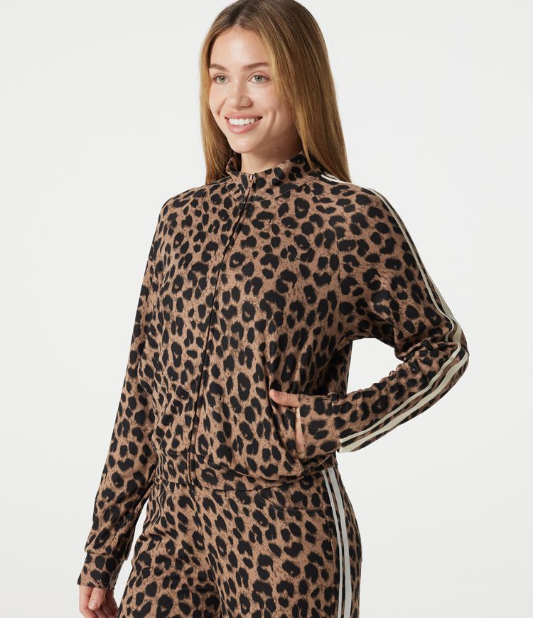 Stand Collar Zipper Long Sleeve Color Block Leopard Print Waffle Casual Jacket with Pockets Stand Collar Zipper Long Sleeve Color Block Leopard Print Waffle Casual Jacket with Pockets