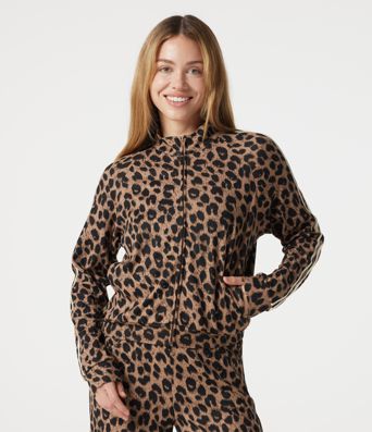Stand Collar Zipper Long Sleeve Color Block Leopard Print Waffle Casual Jacket with Pockets Stand Collar Zipper Long Sleeve Color Block Leopard Print Waffle Casual Jacket with Pockets