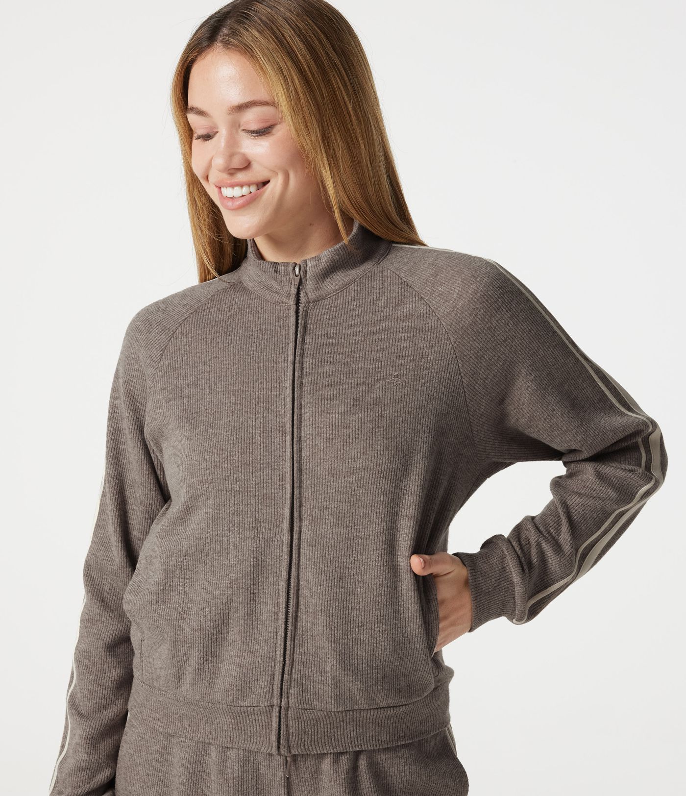 Ribbed Stand Collar Zipper Long Sleeve Color Block Casual Jacket with Pockets Ribbed Stand Collar Zipper Long Sleeve Color Block Casual Jacket with Pockets