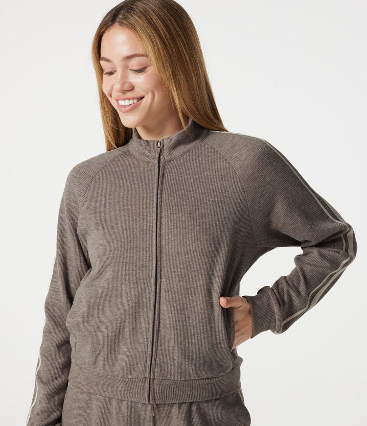 Ribbed Stand Collar Zipper Long Sleeve Color Block Casual Jacket with Pockets Ribbed Stand Collar Zipper Long Sleeve Color Block Casual Jacket with Pockets