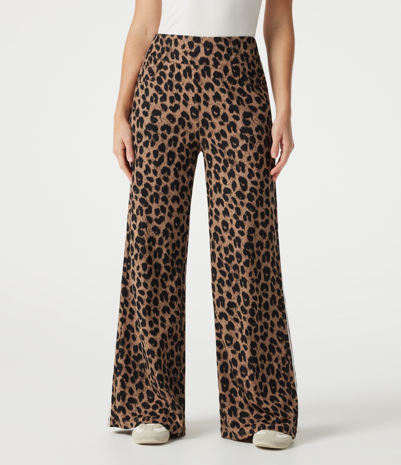 High Waisted Baggy Color Block Leopard Print Waffle Casual Pants with Pockets High Waisted Baggy Color Block Leopard Print Waffle Casual Pants with Pockets