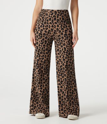 High Waisted Baggy Color Block Leopard Print Waffle Casual Pants with Pockets High Waisted Baggy Color Block Leopard Print Waffle Casual Pants with Pockets
