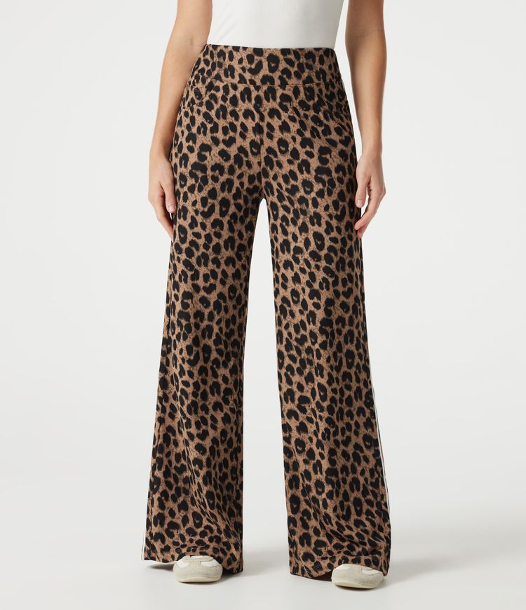 High Waisted Baggy Color Block Leopard Print Waffle Casual Pants with Pockets High Waisted Baggy Color Block Leopard Print Waffle Casual Pants with Pockets