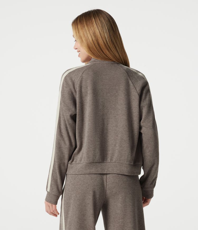 Ribbed Stand Collar Zipper Long Sleeve Color Block Casual Jacket with Pockets Ribbed Stand Collar Zipper Long Sleeve Color Block Casual Jacket with Pockets
