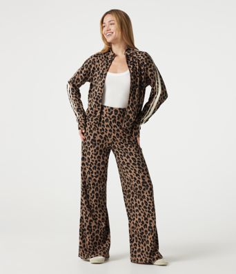 High Waisted Baggy Color Block Leopard Print Waffle Casual Pants with Pockets High Waisted Baggy Color Block Leopard Print Waffle Casual Pants with Pockets
