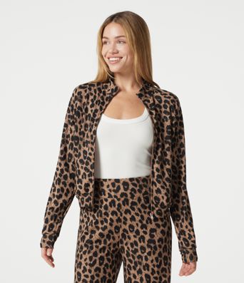 Stand Collar Zipper Long Sleeve Color Block Leopard Print Waffle Casual Jacket with Pockets Stand Collar Zipper Long Sleeve Color Block Leopard Print Waffle Casual Jacket with Pockets