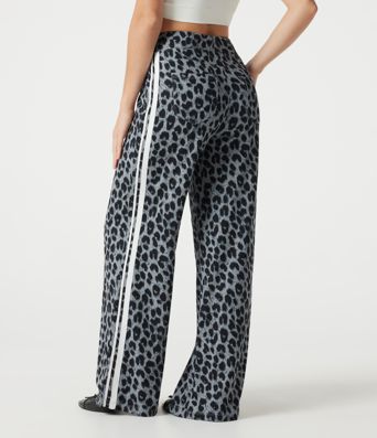 High Waisted Baggy Color Block Leopard Print Waffle Casual Pants with Pockets High Waisted Baggy Color Block Leopard Print Waffle Casual Pants with Pockets