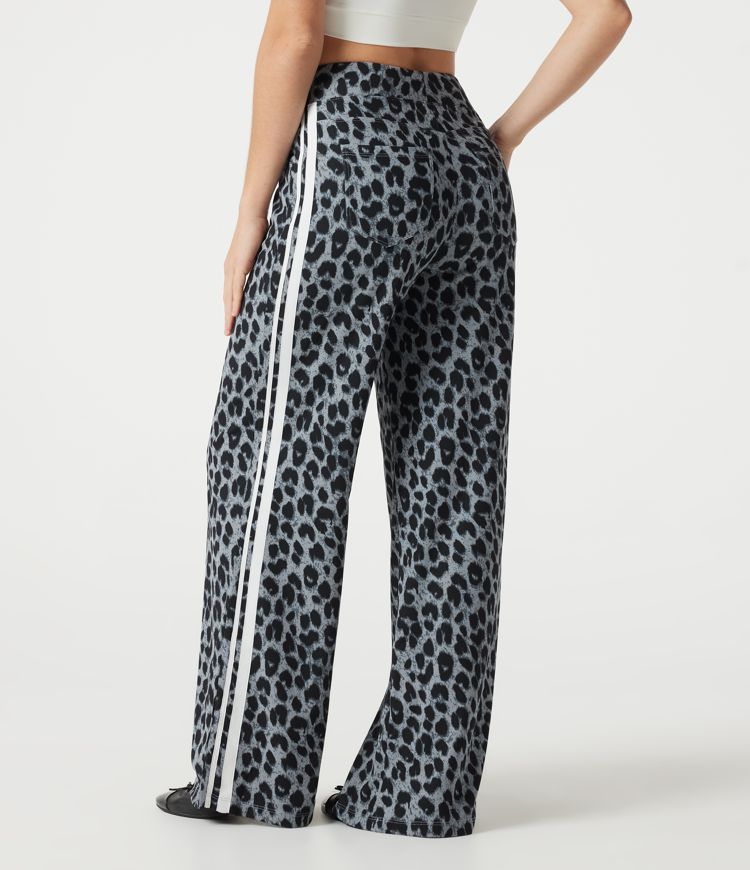 High Waisted Baggy Color Block Leopard Print Waffle Casual Pants with Pockets High Waisted Baggy Color Block Leopard Print Waffle Casual Pants with Pockets