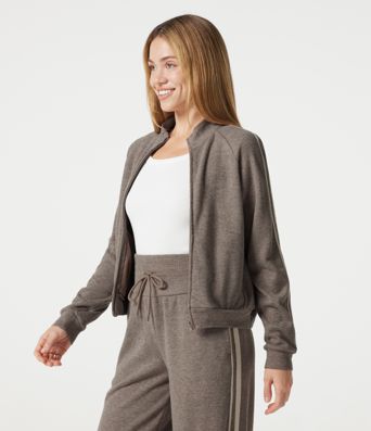 Ribbed Stand Collar Zipper Long Sleeve Color Block Casual Jacket with Pockets Ribbed Stand Collar Zipper Long Sleeve Color Block Casual Jacket with Pockets