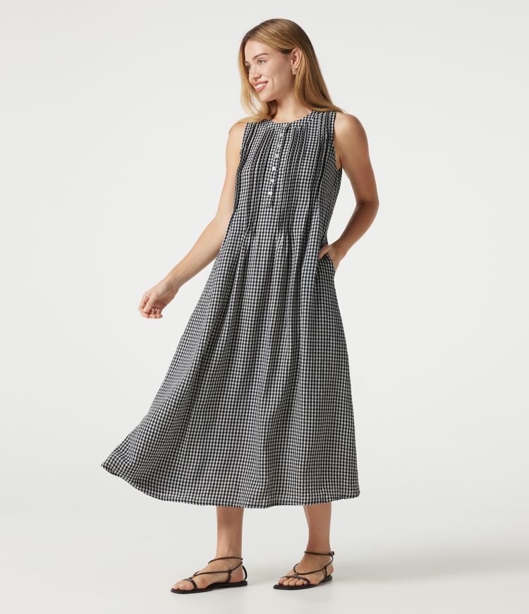 Round Neck Sleeveless Plaid Midi Casual Linen-Feel Dress with Pockets