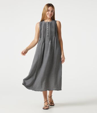Round Neck Sleeveless Plaid Midi Casual Linen-Feel Dress with Pockets