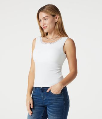 Ribbed Knit Scoop Neck U-back Contrast Lace Built-in Bra Casual Tank Top