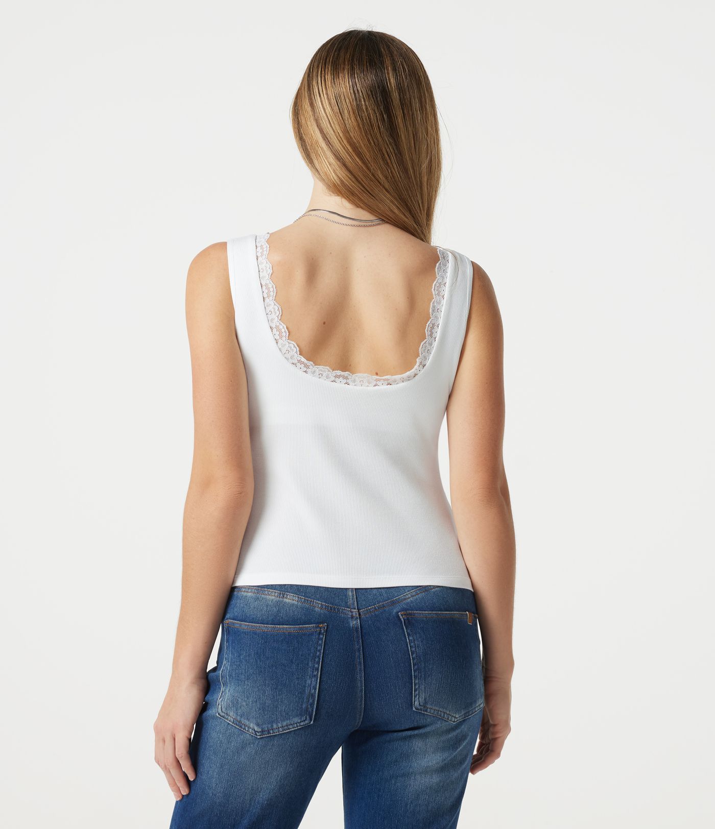 Ribbed Knit Scoop Neck U-back Contrast Lace Built-in Bra Casual Tank Top
