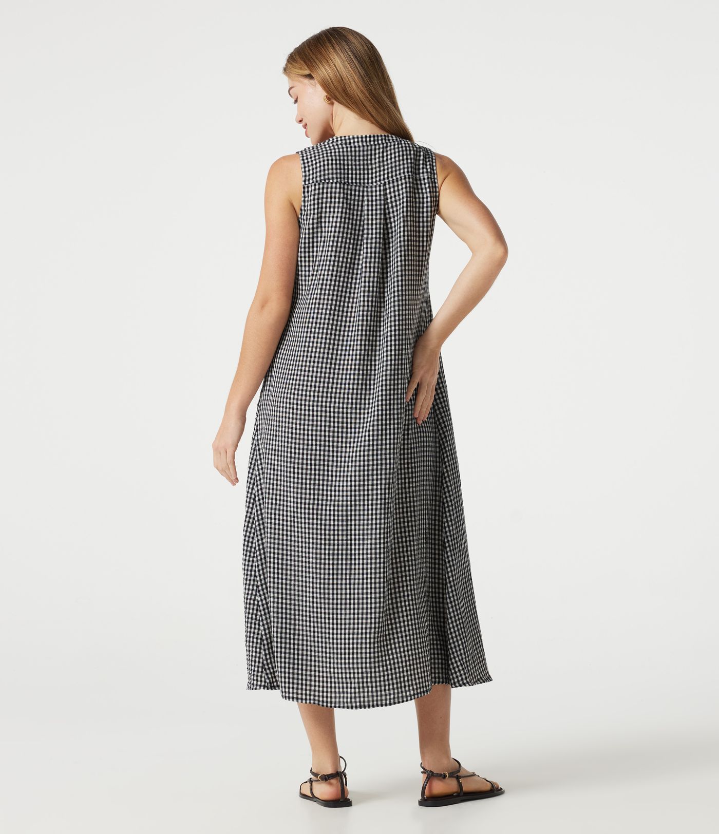 Round Neck Sleeveless Plaid Midi Casual Linen-Feel Dress with Pockets