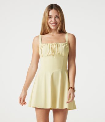 Crisscross Backless Square Neck Sleeveless Ruched Built-in Bra Mini Resort Flowy Dress