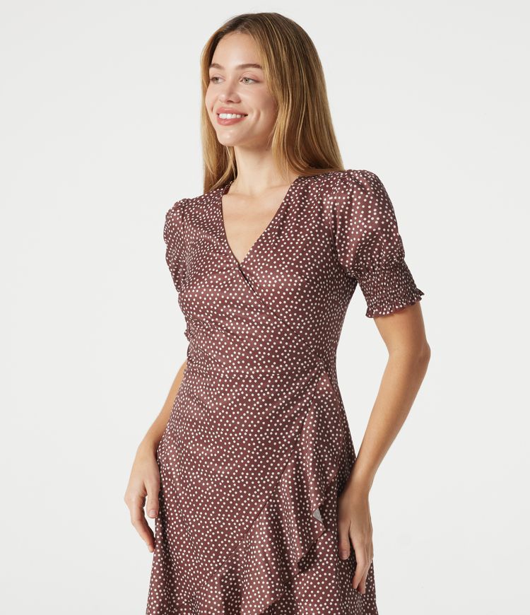 V Neck Short Sleeve Ruffle Hem Polka Dot Midi Casual Dress