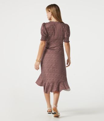 V Neck Short Sleeve Ruffle Hem Polka Dot Midi Casual Dress