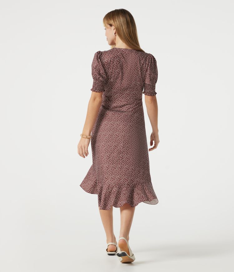 V Neck Short Sleeve Ruffle Hem Polka Dot Midi Casual Dress