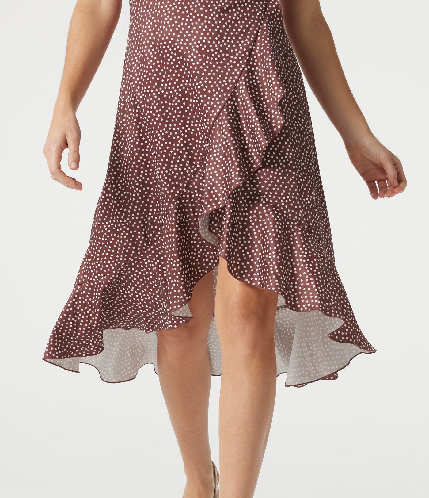 V Neck Short Sleeve Ruffle Hem Polka Dot Midi Casual Dress