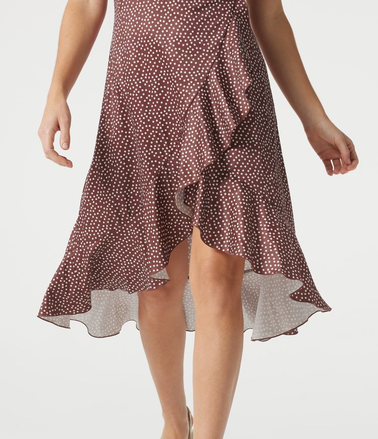 V Neck Short Sleeve Ruffle Hem Polka Dot Midi Casual Dress