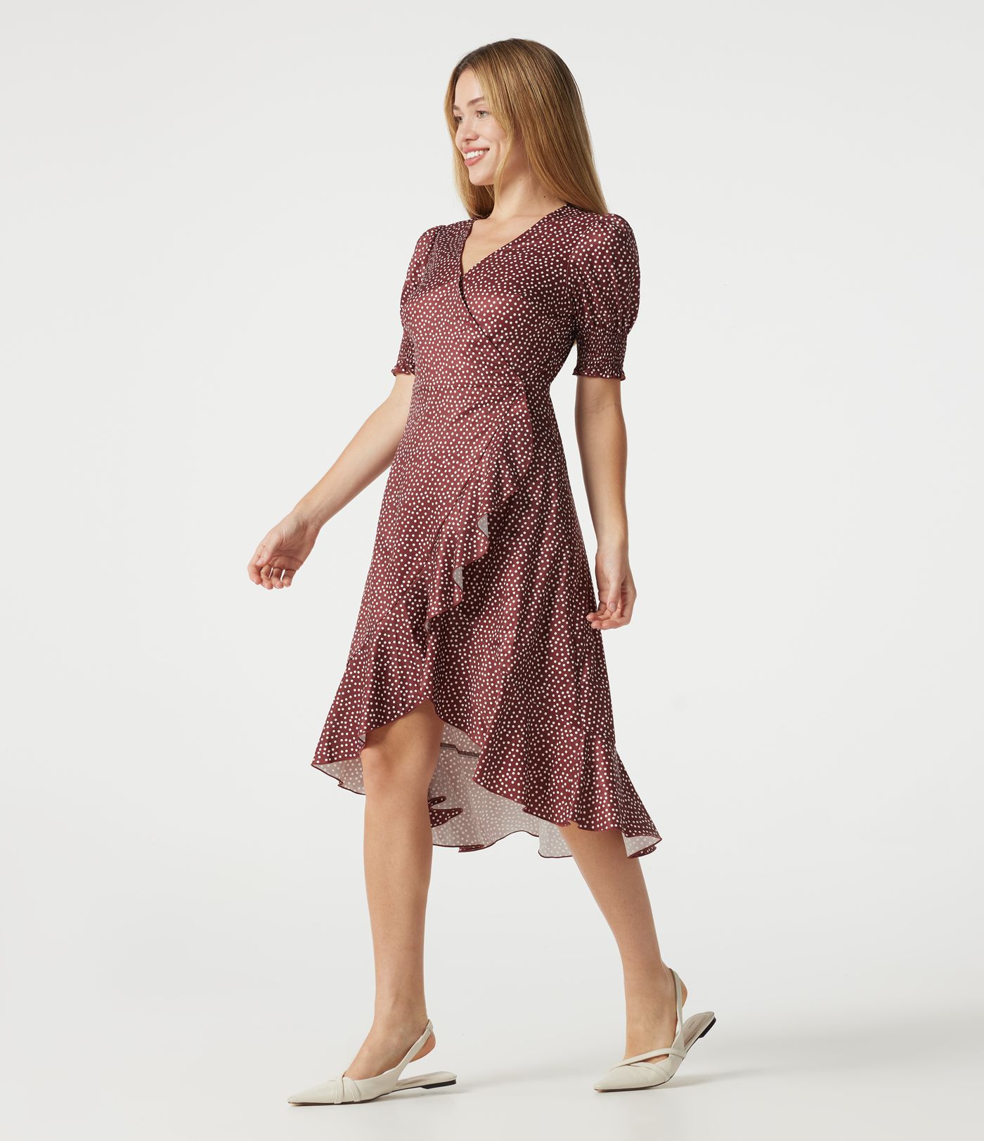 V Neck Short Sleeve Ruffle Hem Polka Dot Midi Casual Dress