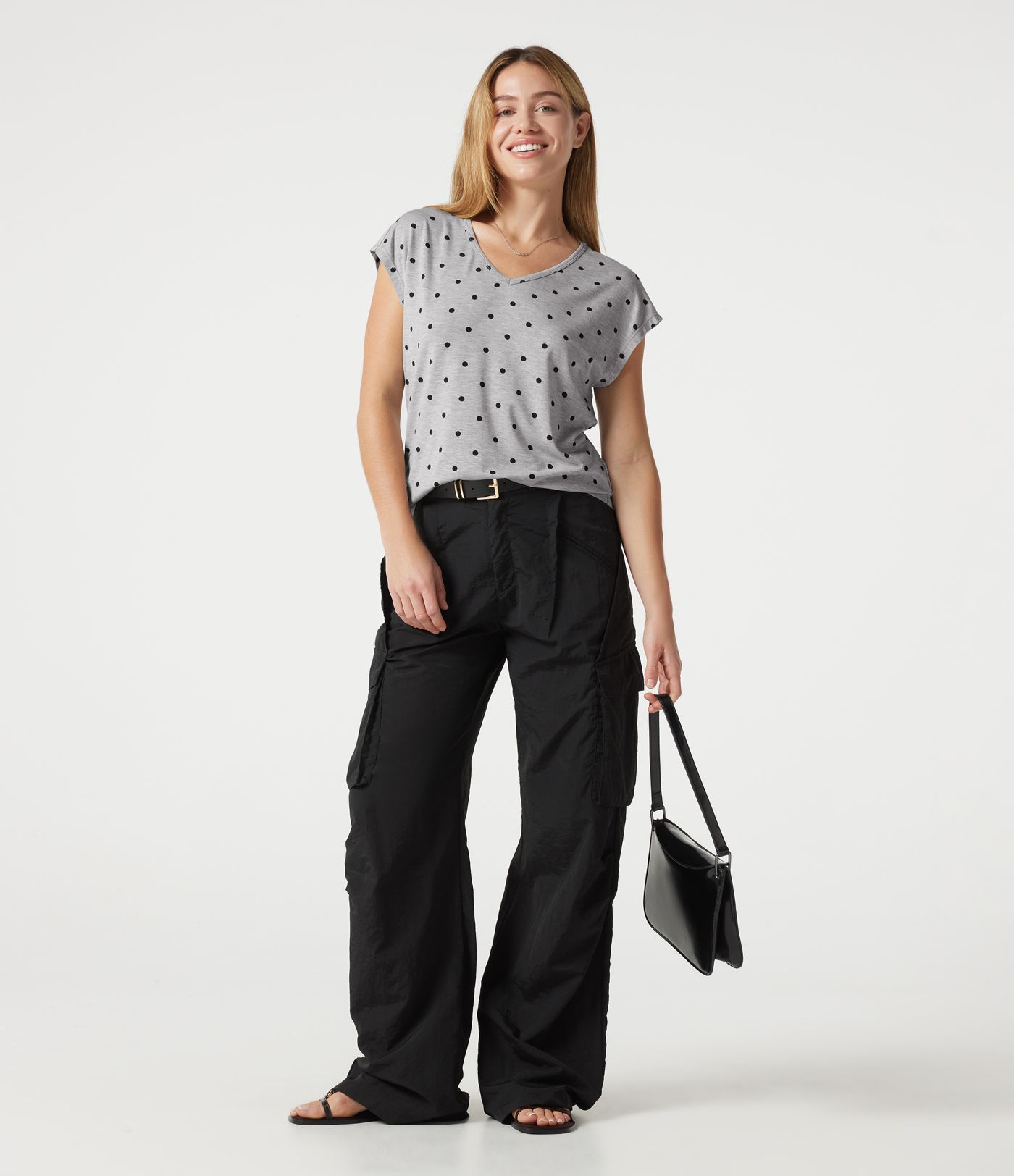 V Neck Short Sleeve Polka Dot Casual T-Shirt