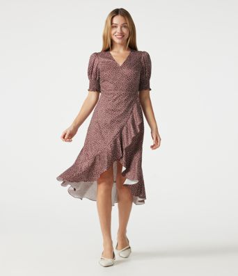 V Neck Short Sleeve Ruffle Hem Polka Dot Midi Casual Dress