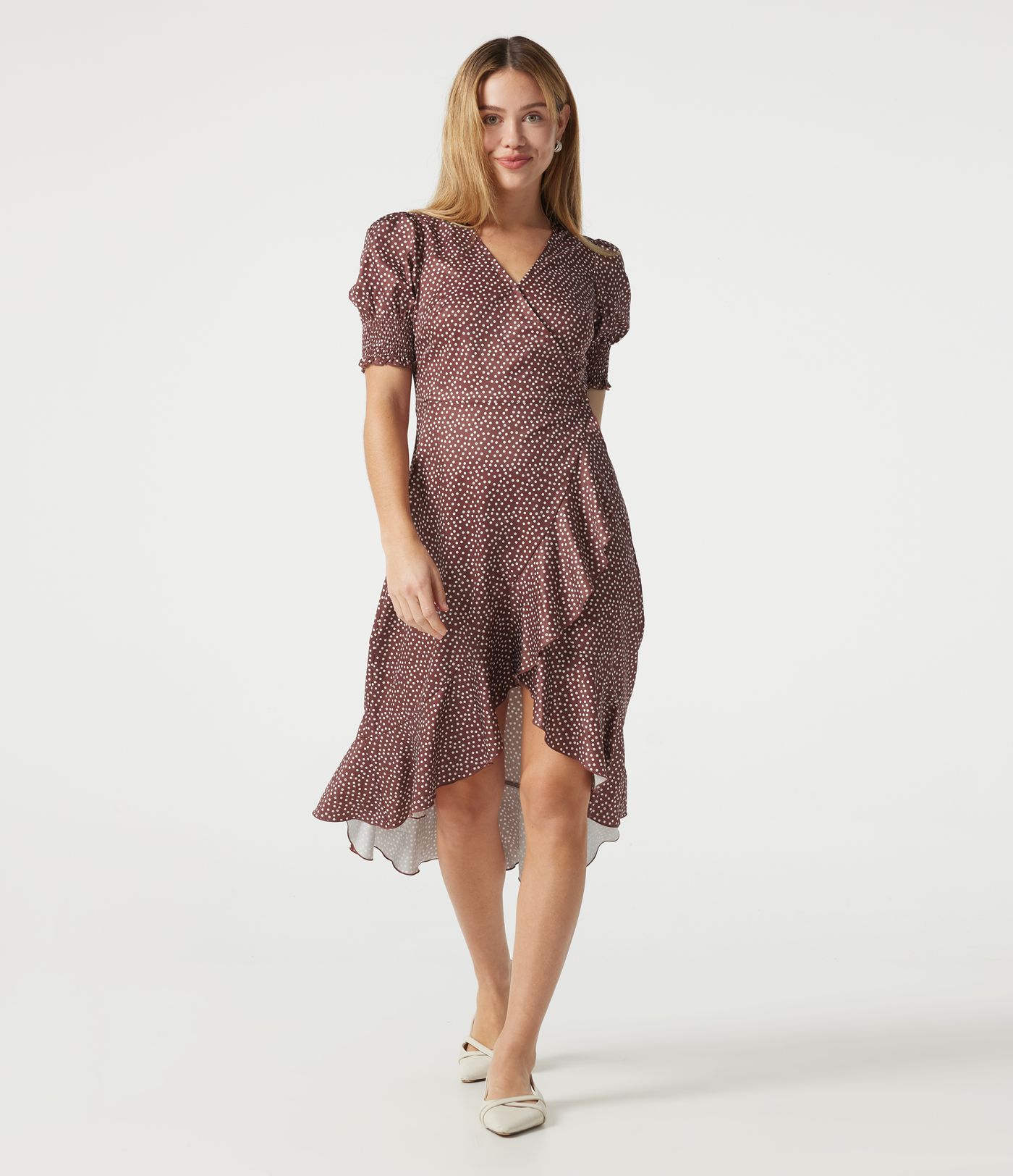 V Neck Short Sleeve Ruffle Hem Polka Dot Midi Casual Dress