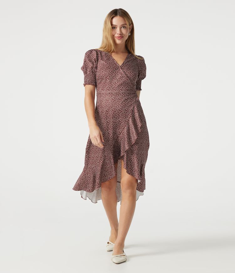 V Neck Short Sleeve Ruffle Hem Polka Dot Midi Casual Dress