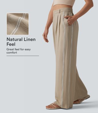 High Waisted Wide Leg Color Block Casual Linen-Feel Pants with Pockets