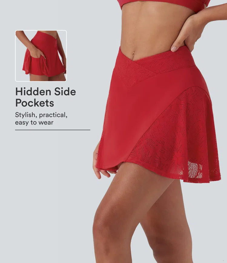 SoftlyZero™ Airy Crossover High Waisted Contrast Lace 2-in-1 InstantCool Mini Yoga Skirt with Pocket