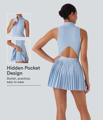 Breezeful™ Ärmelloses Ausgeschnittenes 2-in-1 Plissiertes Schnelltrocknendes Mini-Tennis Aktives Kleid mit Taschen