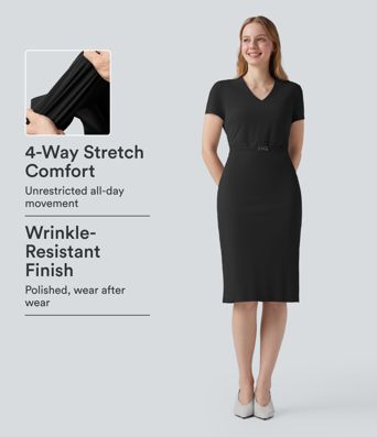 Wrinkle-resistant V Neck Short Sleeve Midi Work Dress