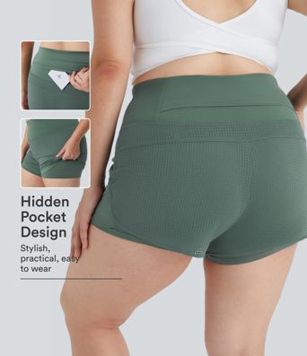 High Waisted Back Waistband Pocket 2-in-1 Yoga Plus Size Shorts
