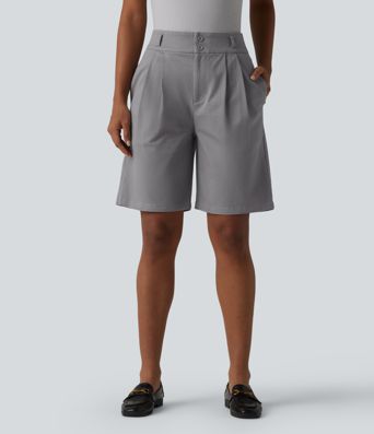 High Waisted Straight Leg Work Chino Cotton Bermuda Shorts with Pockets