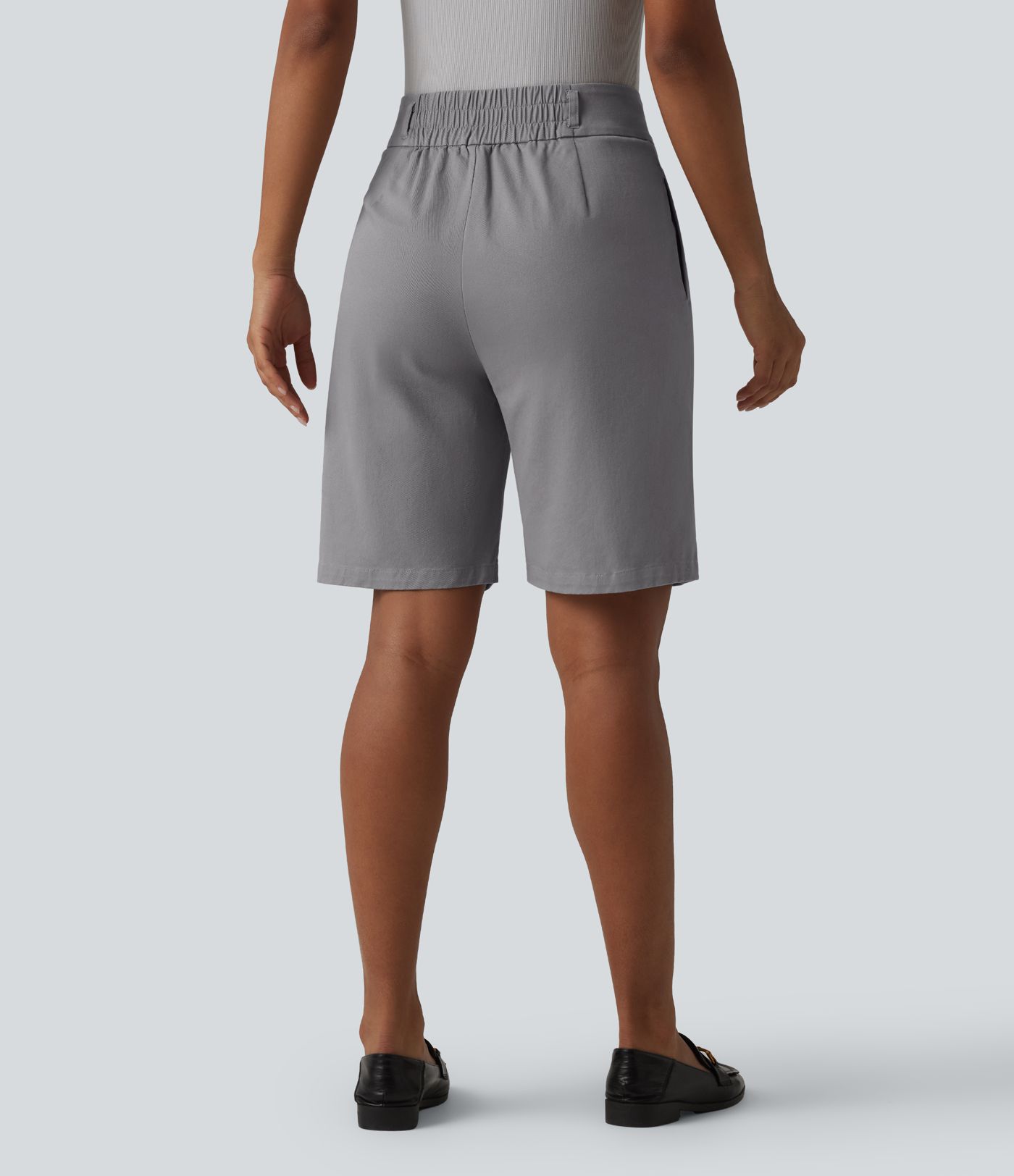 High Waisted Straight Leg Work Chino Cotton Bermuda Shorts with Pockets