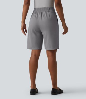 High Waisted Straight Leg Work Chino Cotton Bermuda Shorts with Pockets