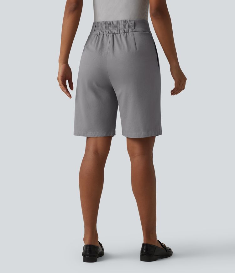 High Waisted Straight Leg Work Chino Cotton Bermuda Shorts with Pockets