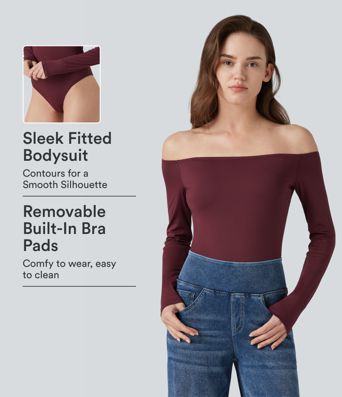 Off-Shoulder Long Sleeve Removable Straps Built-in Bra Casual Bodysuit