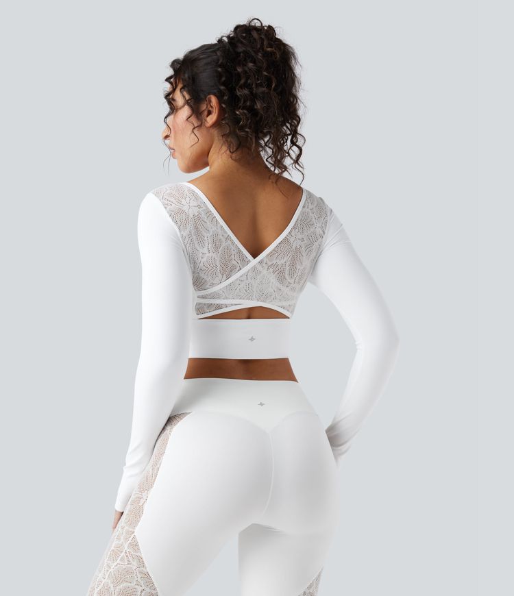 SoftlyZero™ Push-Up Long Sleeve Thumb Hole Contrast Lace Cropped Yoga Sports Top-UPF50+ SoftlyZero™ Push-Up Long Sleeve Thumb Hole Contrast Lace Cropped Yoga Sports Top-UPF50+