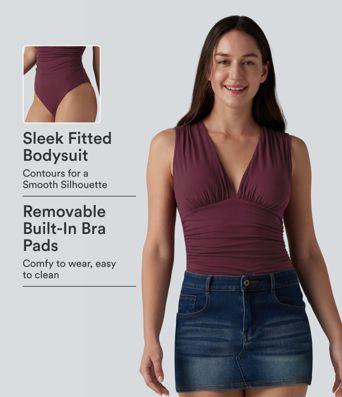 Ribbed V Neck Sleeveless Built-in Bra Ruched Casual Bodysuit Ribbed V Neck Sleeveless Built-in Bra Ruched Casual Bodysuit