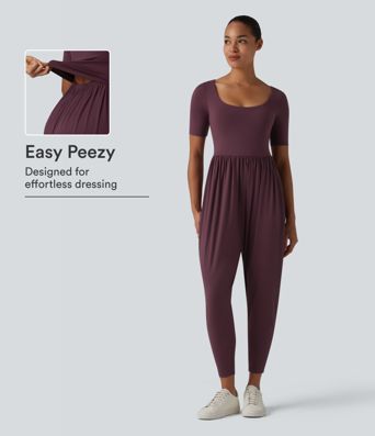 SoftlyZero™ Airy Scoop Neck Short Sleeve Built-in Bra Cool Touch Casual Jumpsuit with Pockets-Easy Peezy Edition SoftlyZero™ Airy Scoop Neck Short Sleeve Built-in Bra Cool Touch Casual Jumpsuit with Pockets-Easy Peezy Edition
