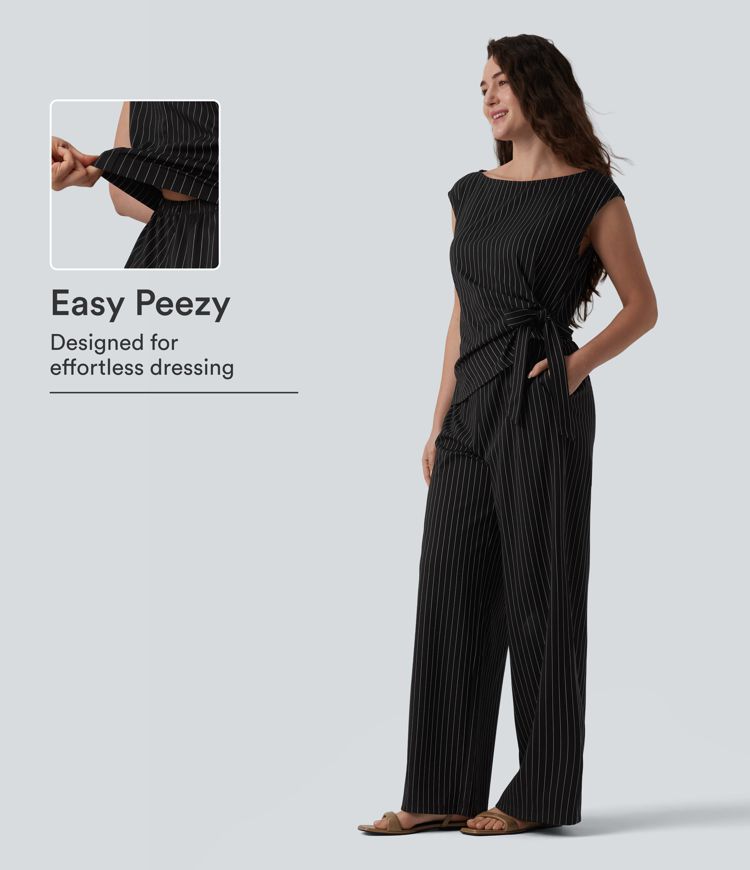 Boat Neck Sleeveless Tie Side Cool Touch Stripe Work Jumpsuit with Pockets-Easy Peezy Edition Boat Neck Sleeveless Tie Side Cool Touch Stripe Work Jumpsuit with Pockets-Easy Peezy Edition