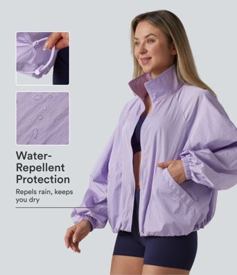 Durable Water Repellent Stand Collar Long Sleeve Zipper Workout Jacket with Pockets