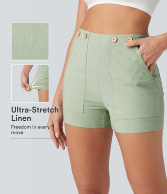 Short taille haute décontracté en lin stretch 7,5 cm avec poches