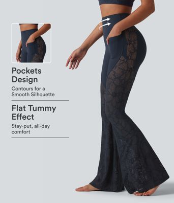 Halara UltraSculpt™ High Waisted Tummy Control Contrast Lace Yoga Flare Leggings with Pockets Halara UltraSculpt™ High Waisted Tummy Control Contrast Lace Yoga Flare Leggings with Pockets